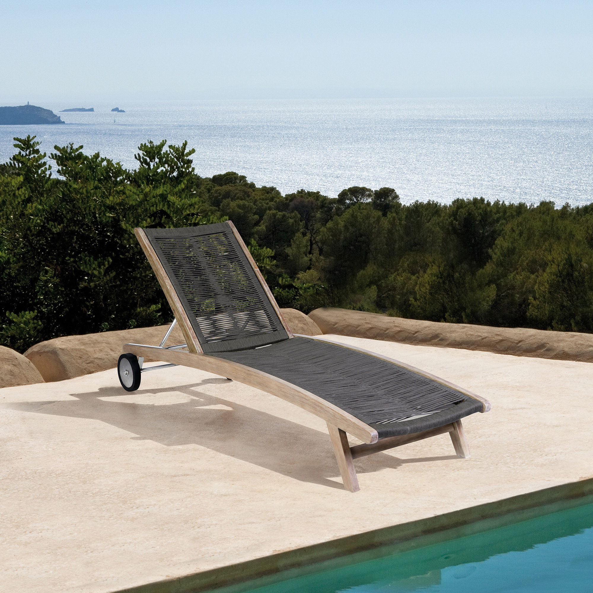 72'' Outdoor Eucalyptus Chaise Lounge, Black, Brown