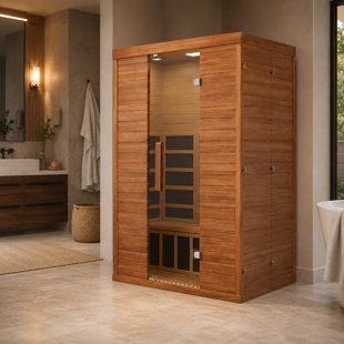 2-Person Far Infrared Indoor Sauna Room with Tempered Glass Door, Solid Hemlock Wood Home Sauna Cabin