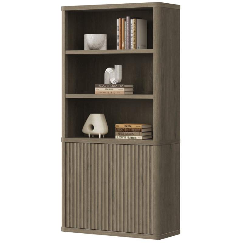 Bibliothèque Cesiro à 6 niveaux avec 2 portes cannelées et tablettes réglables, Aulne gris