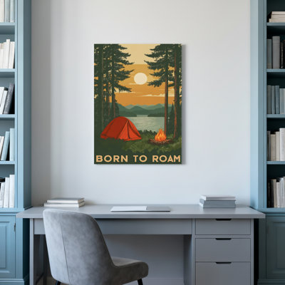 Forest Camping Scene With Tent And Campfire Canvas Wrapped Wall Art Oil Painting Print Born To Roam Style For Outdoor Adventure Decor