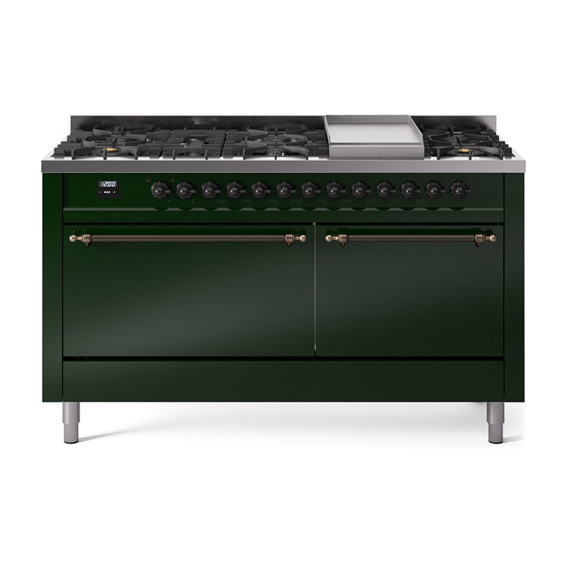 ILVE Nostalgie II 60 in Dual Fuel Range, 9 Burner, Griddle, Natural Gas, Emerald Green/Burnished