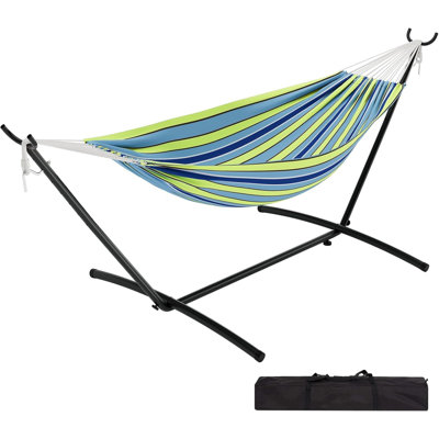 Hamac double avec support, hamac extérieur robuste pour 2 personnes - capacité 450IB, hamac portable avec support en acier de 9 pi et étui de transport, lit hamac réglable pour la cour, le camping et la plage