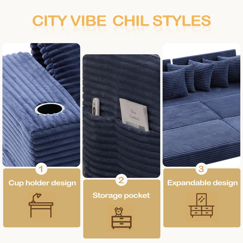 110.75" Modular L Shaped Sofa, Corduroy Fabric Sectional Couch,With A Movable Footstool, Cup Holders,Bring 8 Throw Pillows,Side Pocket,Unfold Into A Bed