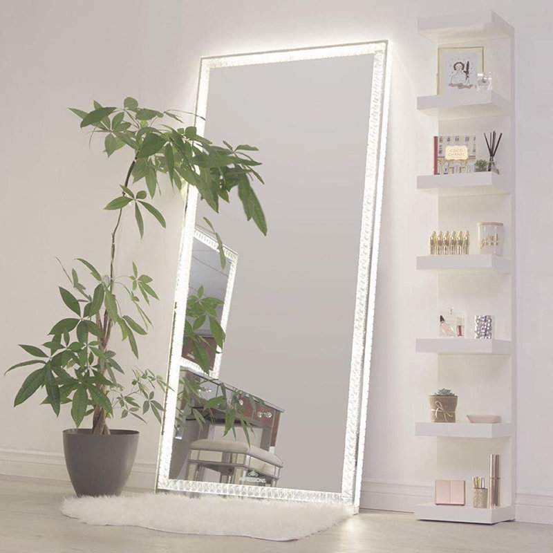 Diamond Collection Radiant Premium Illuminated Crystal Floor Mirror LED Strip Lights Makeup Mirror
