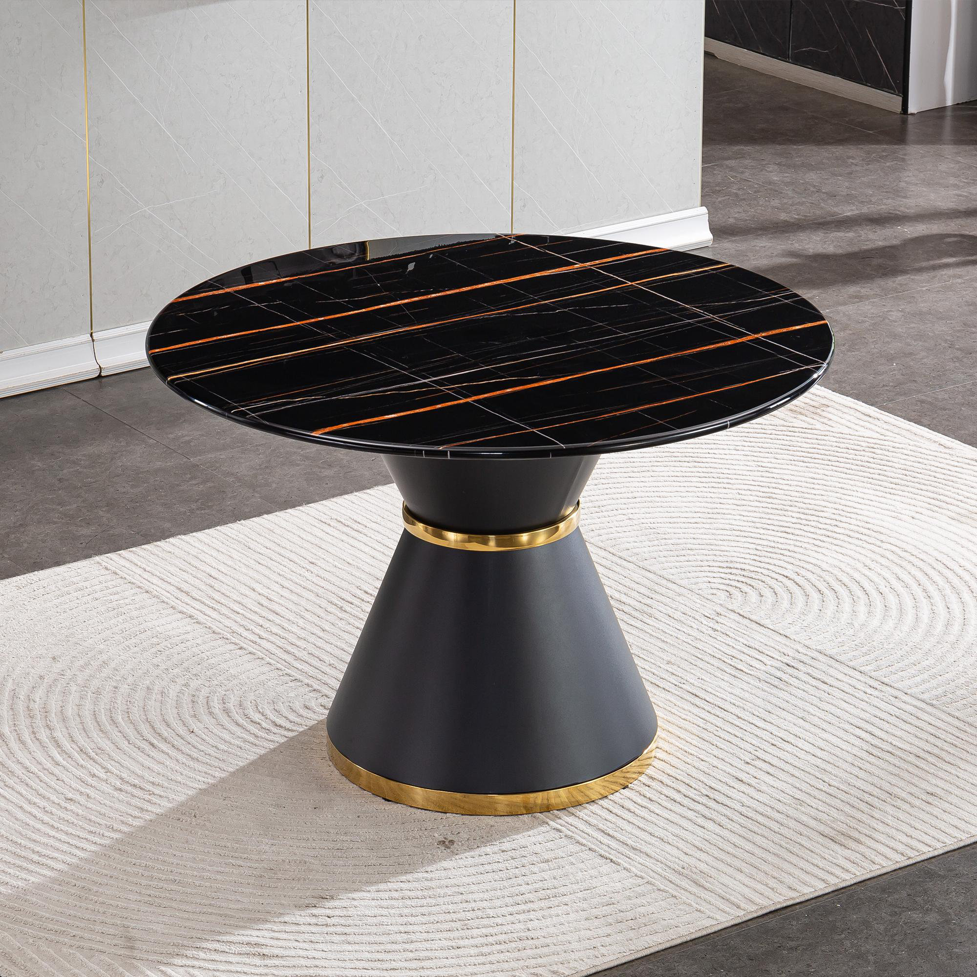 Everly Quinn White Marble Printed MDF Round Dining Table, Black ...