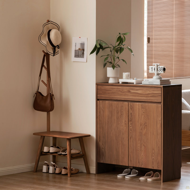 (Couleur noyer) Tabouret à chaussures en bois massif naturel avec cintre en tissu, banc de rangement moderne Mid-Century avec coussin éponge à rebond élevé pour le vestibule et les espaces de vie