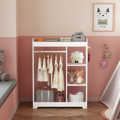 Small 3 Shelf Bookcase,Dress Up Storage With Mirror And Hooks, Wooden Dress Up Clothes Rack With Hanging Rod, 3 Side Hooks, Storage Shelves And Top Sh by Ophelia & Co.