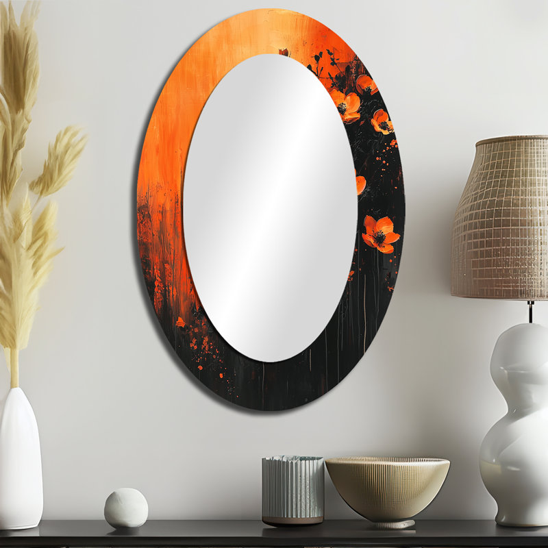 Burning Wildflowers In Orange Expressionism I - Grand miroir mural ovale sur métal, 36 po x 24 po