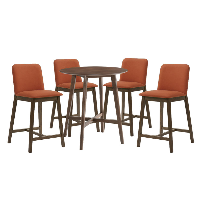 Ensemble de bar en bois 5 pièces Wicklund au fini wengé de nuit et sièges orange brûlé, Orange