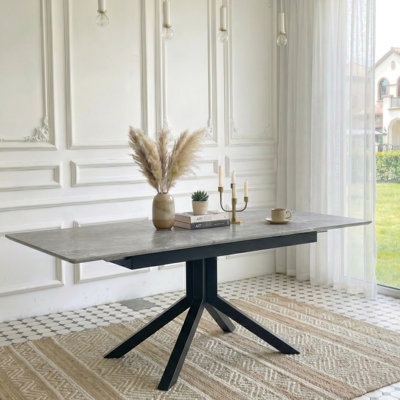 Extendable Table For Dining Room And Office, Gray Surface, Metal Legs Modern Rectangular Table, Scratch - , Automatic Extension