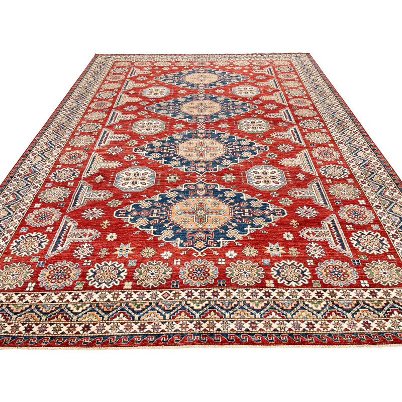 Tapis rétro rouge et ivoire de style tribal anatolien vieilli 9 x 12 fait à la main
