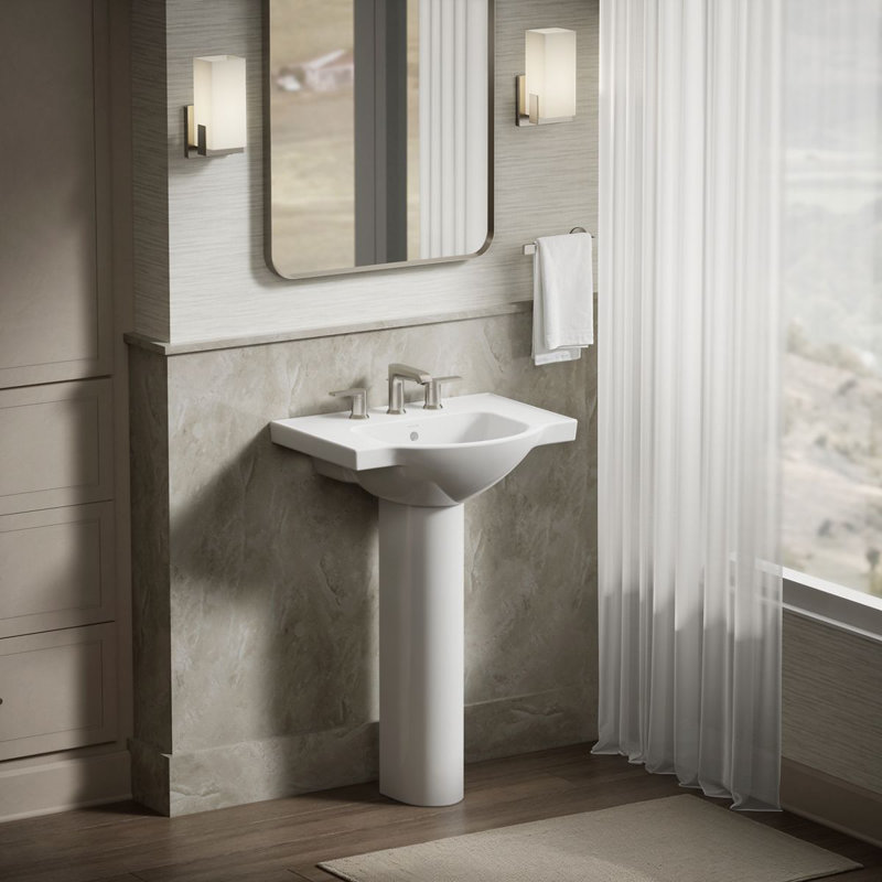 Veer Ceramic Pedestal Bathroom Sink with Overflow, White, 7.99" H x 24" L x 18.25" W, 8" Centers