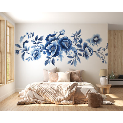 Adhésif décoratif floral bleu - grande peinture murale aquarelle au-dessus du lit, décoration de chambre marine pelez et collez 078Mv