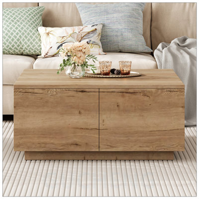 Square Coffee Table with 4 Drawers, Ample Storage, Classic Wood Grain Finish, and Sturdy Construction for Modern Living