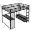 Lit mezzanine en métal pleine grandeur avec DEL, bureau, garde-robe ouverte et 3 tiroirs de rangement - garde-corps en maille pour lin noir