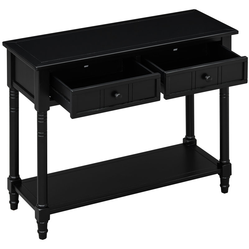 Table console de la série série, noire, style traditionnel, deux tiroirs, étagère d'exposition, pin massif, base en pin massif, convient à de multiples espaces de vie