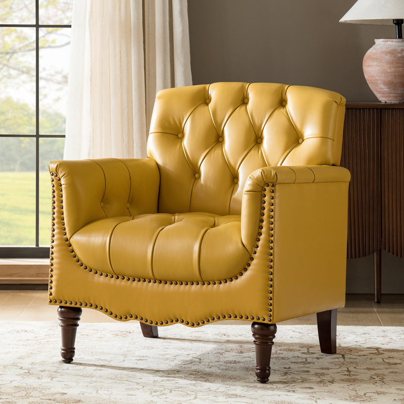 Fauteuil en cuir véritable capitonné Annja, Cuir pleine fleur jaune