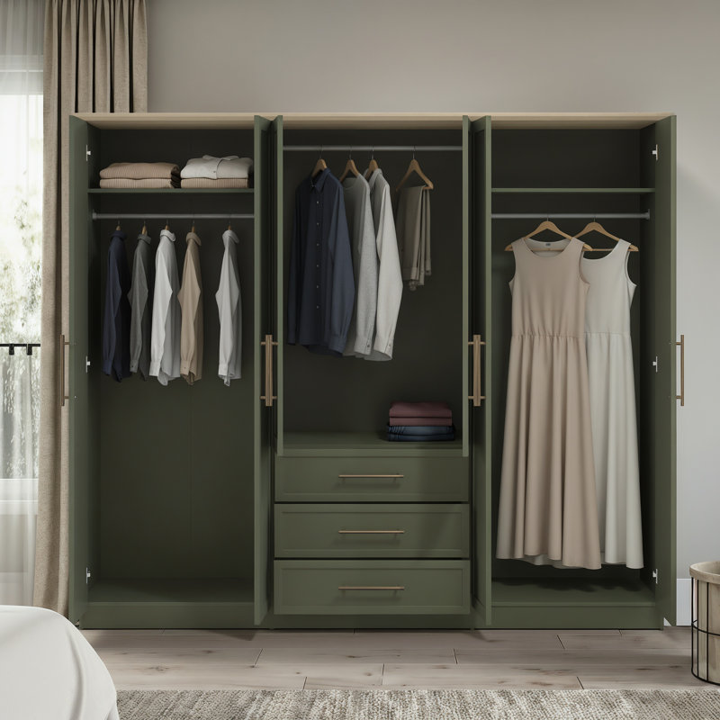 6 Door 3 Drawer Wardrobe with Mirror, Kale Green