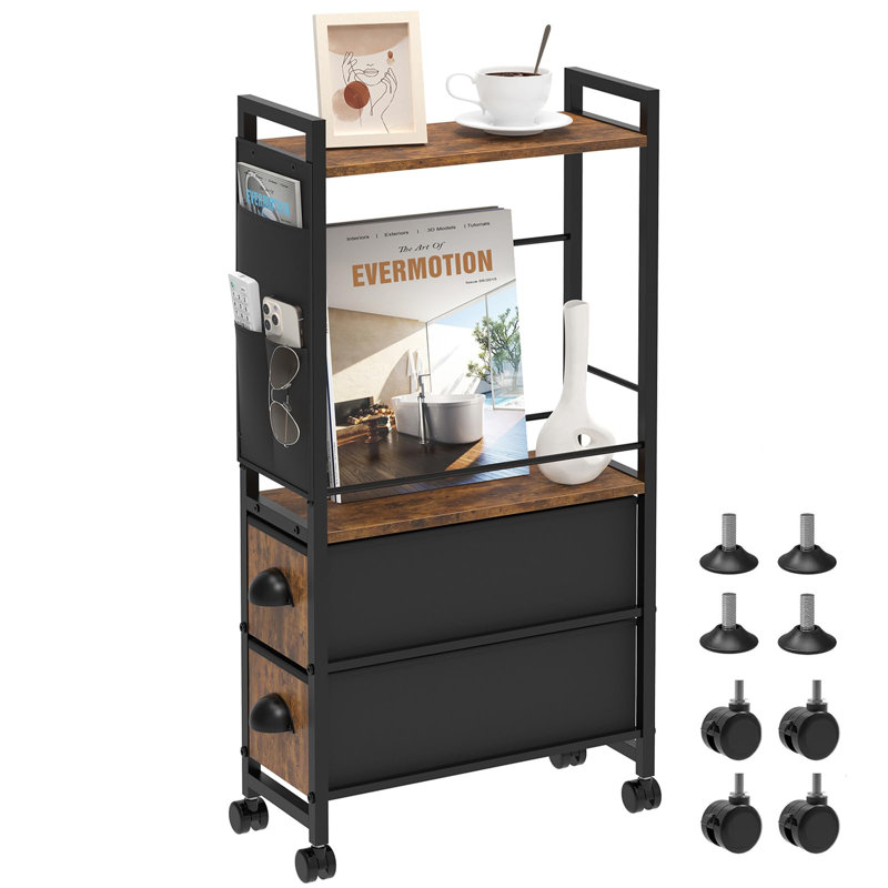 Rustic Narrow Side Table With 5 Storage Units, Slim Nightstand With Drawers, Shelves, And Pocket For Bedside Or Sofa, 7''D X 17''W X 35''H
