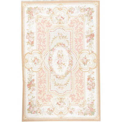 Tapis rose et ivoire noué à la main de haute qualité