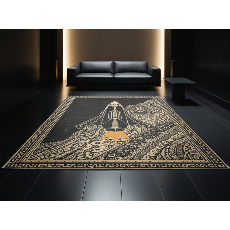 Machine Washable Eldred Spaceship Cruiser Global Inspired Block Print Rug in Black – Black Binding, 3x5