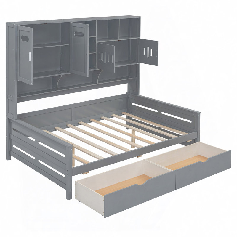  Latvina wooden daybed with storage and shelves, Gris, Simple