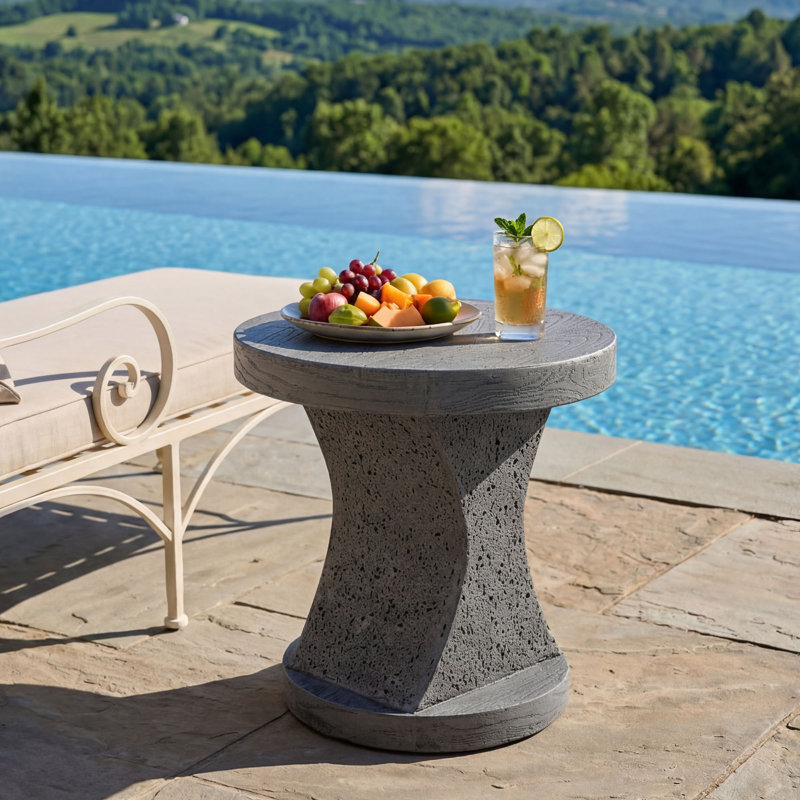 Hourglass-Shaped Side Table With Wood & Travertine Textured Finish