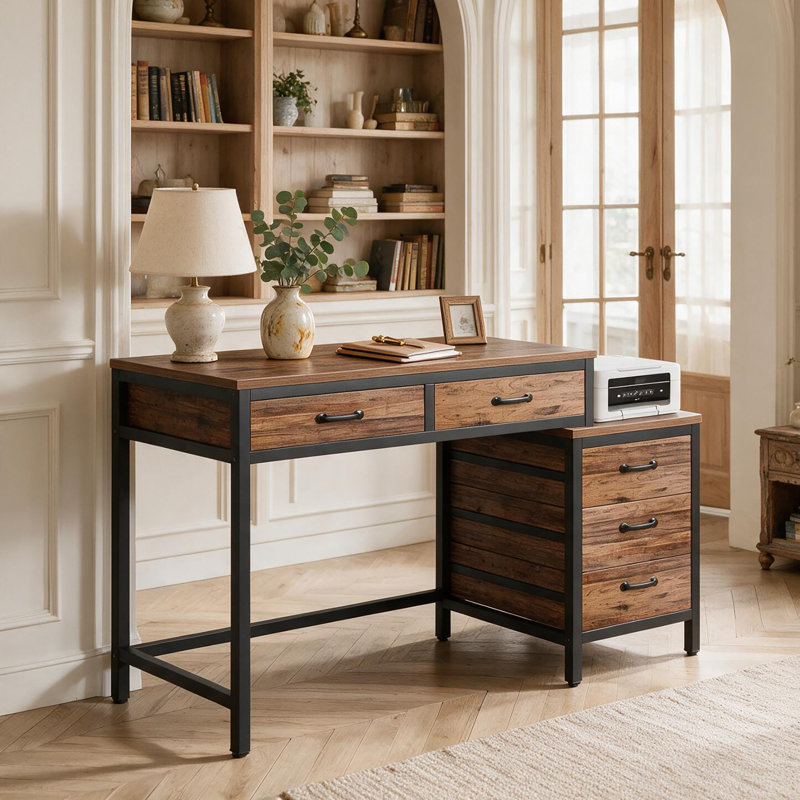 Bureau réversible de 51 po de largeur avec tiroirs, Brun / noir