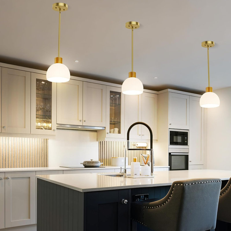 Ensemble de 2 luminaires suspendus dorés - luminaire suspendu moderne avec abat-jour en verre, câblé avec tige en métal réglable, pour le vestibule de la salle à manger de l'îlot de cuisine