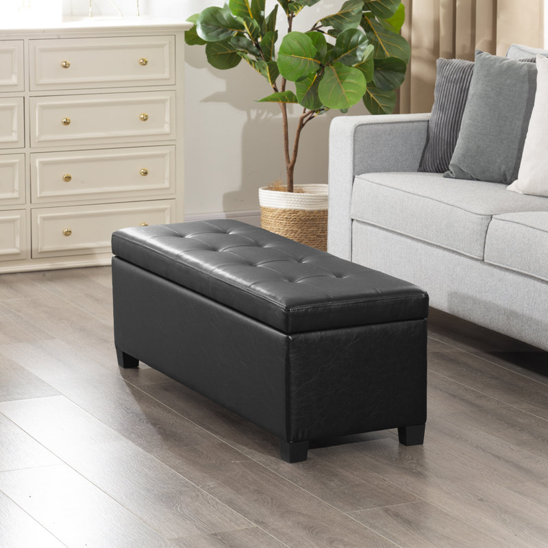 42" Faux Leather Storage Ottoman Bench With Tufted, Black