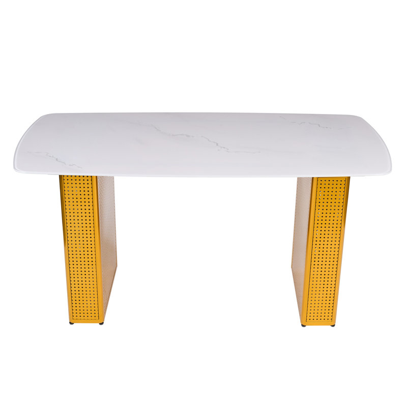 Table de salle à manger rectangulaire moderne en verre trempé avec motif en marbre et base en métal à double piédestal doré - idéale pour la salle à manger et le bureau personnel