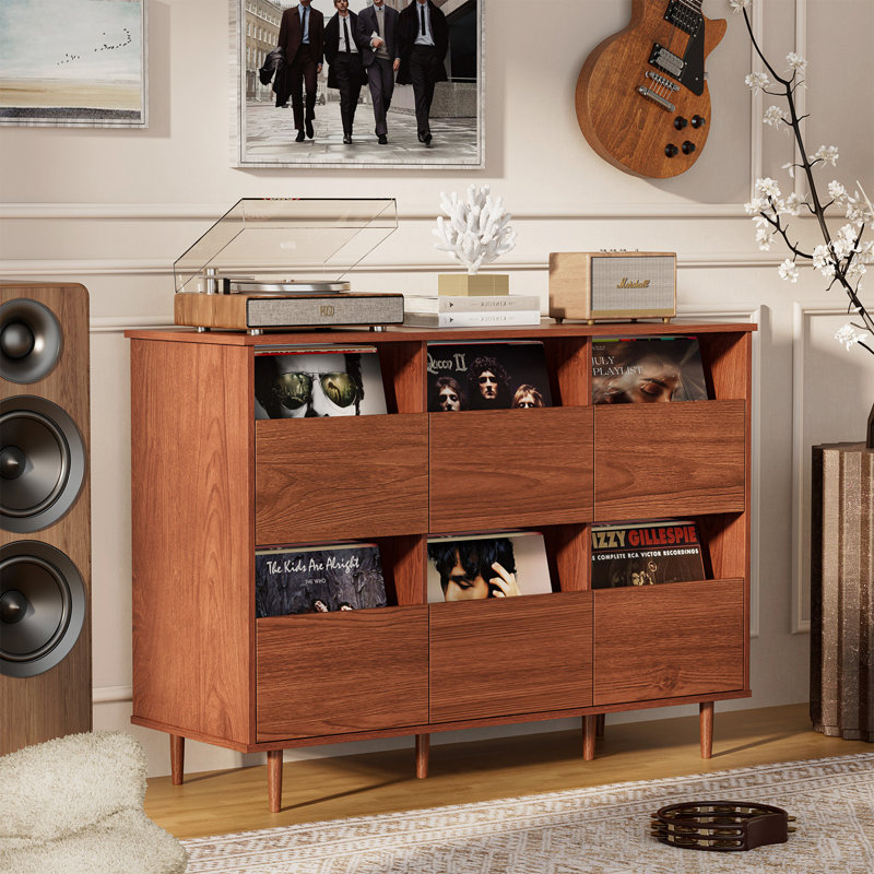 Grand support de tourne-disque à 2 niveaux avec rangement en vinyle, armoire de rangement pour disques, support pour tourne-disque Mid-Century, rangement pour disques vinyles avec tablettes pour chambre à coucher, salon, bureau (noyer)