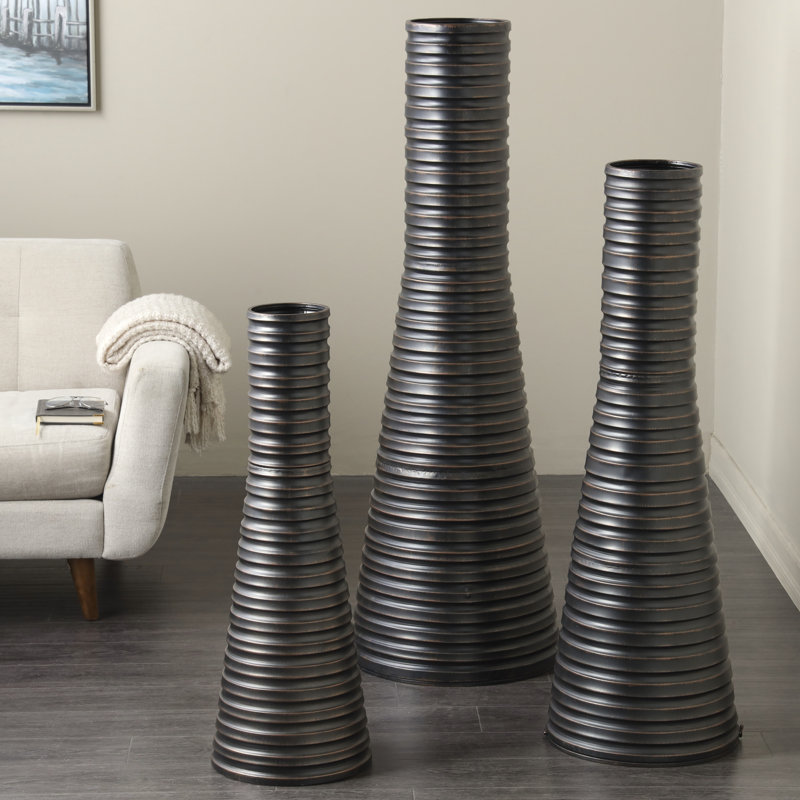 Colpitt Metal Ribbed Tall Cone Floor Decorative Bronze Vase with Horizontal Grooves Set
