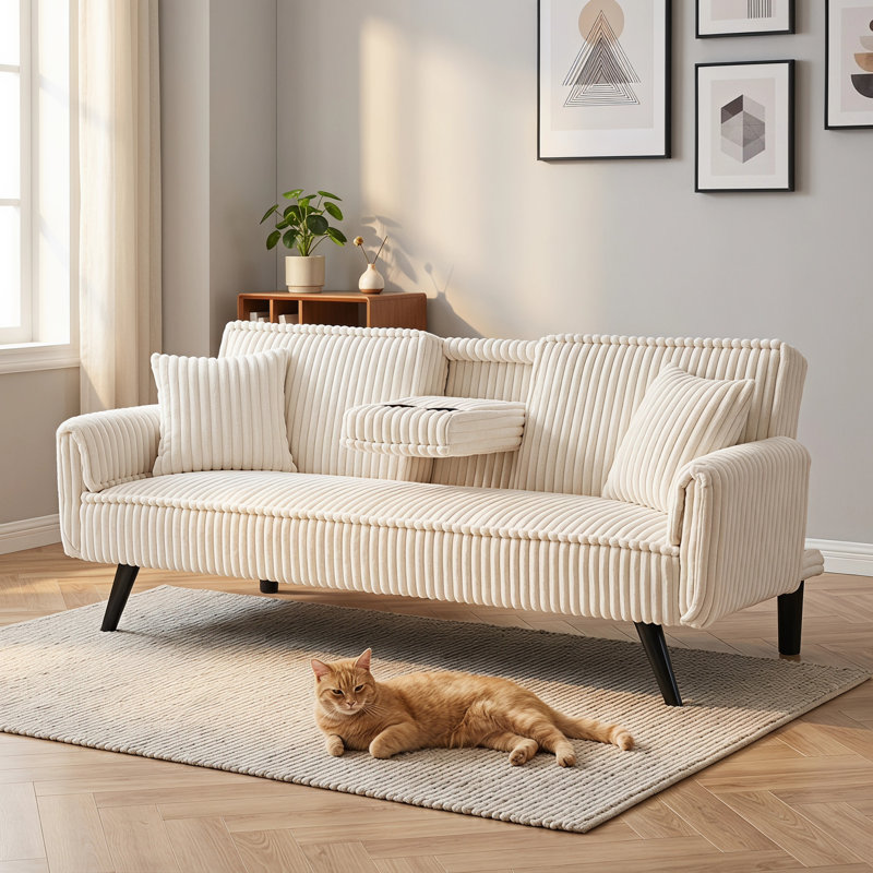 Canapé-lit convertible 72 po en velours côtelé, canapé futon pliable avec porte-gobelet pliable et coussin décoratif pour petits espaces