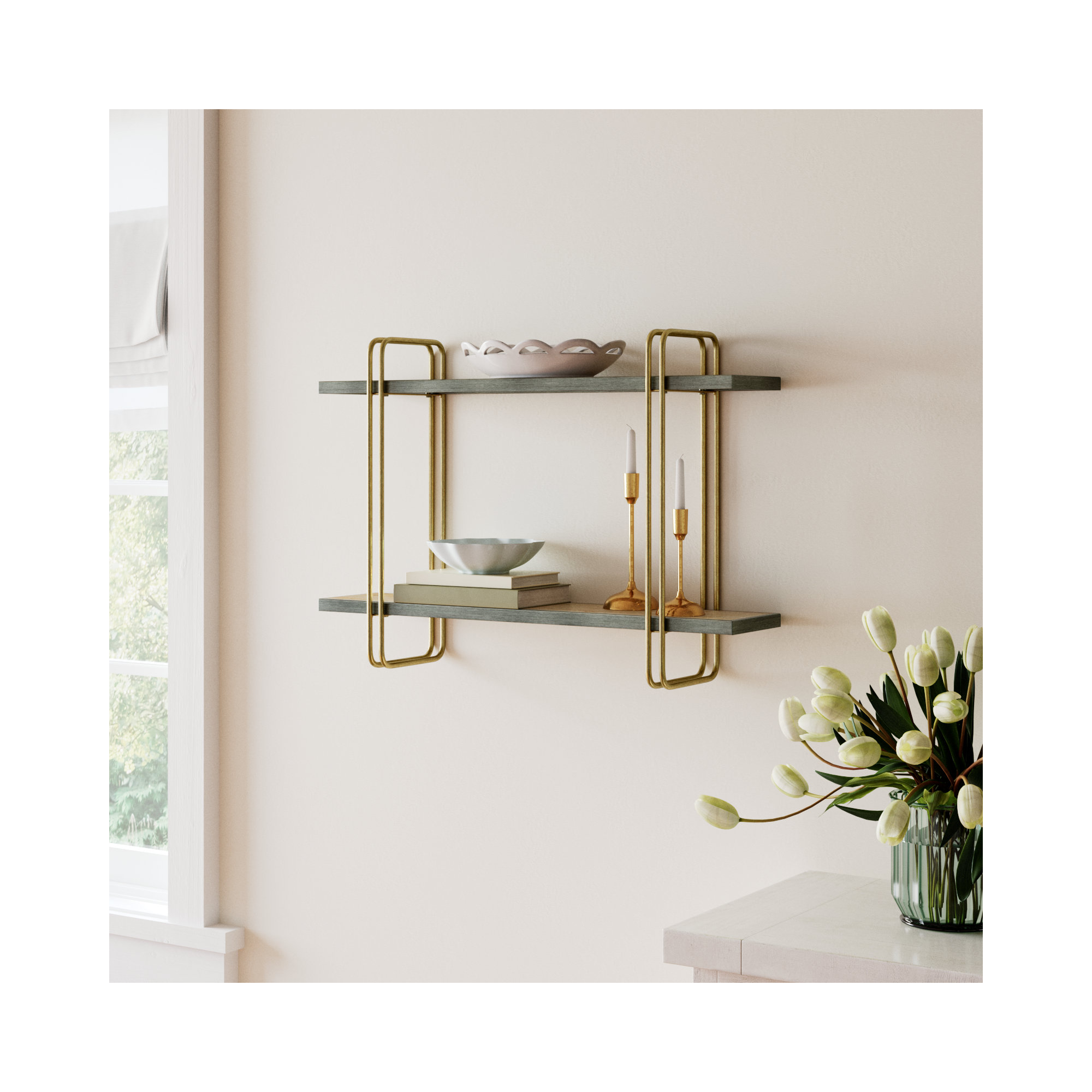 Doncia Two-Tier Warm Gold And Washed Oak Brown Metal Hanging Bracket Wall Mounted Shelf