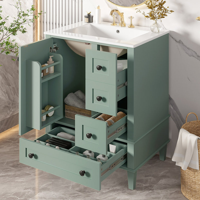 Meuble-lavabo de 24 pouces avec lavabo intégré en céramique, tablette à double couche, tiroirs à fermeture en douceur et porte d'armoire à fermeture en douceur