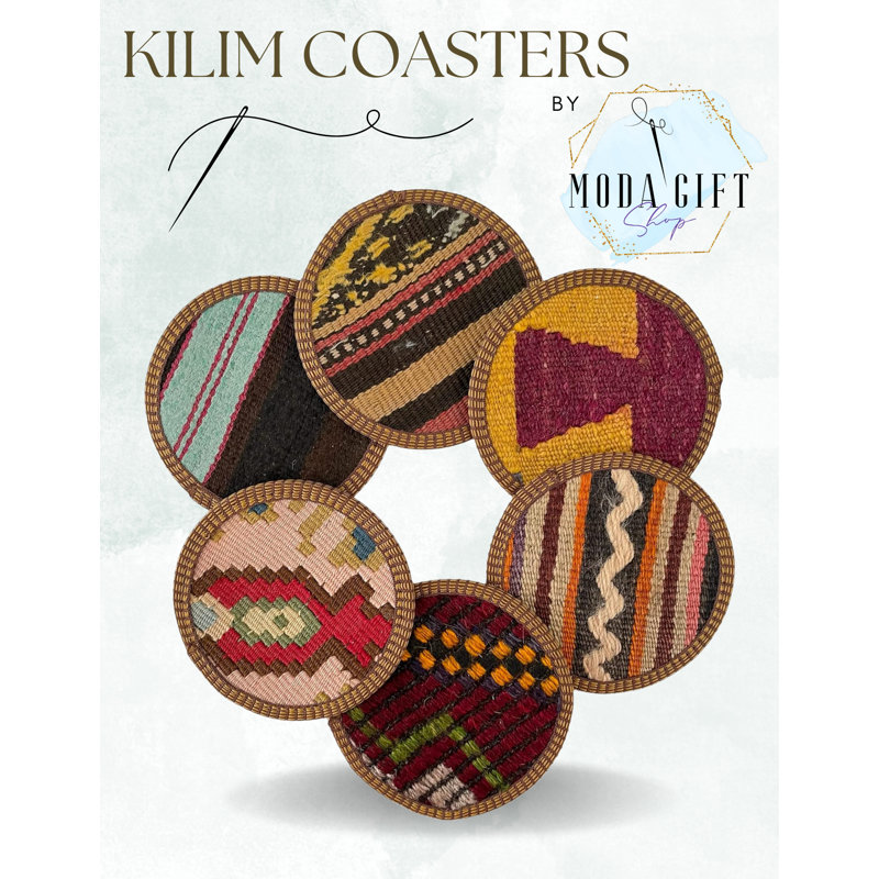 Handmade Wool Boho Kilim Coaster Set with Vinyl Backing