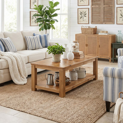 Solid Wood Coffee Table with Open Shelf, Farmhouse Rectangular Cocktail Table for Living Room