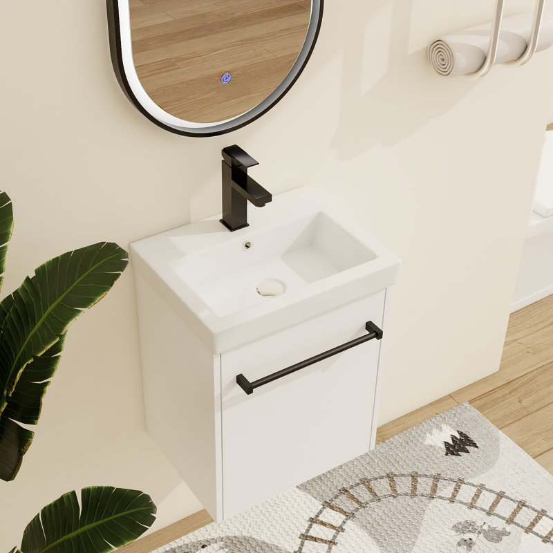 Ilkar 18'' Wall Mounted Single Bathroom Vanity With Ceramic Vanity Top, Glossy White
