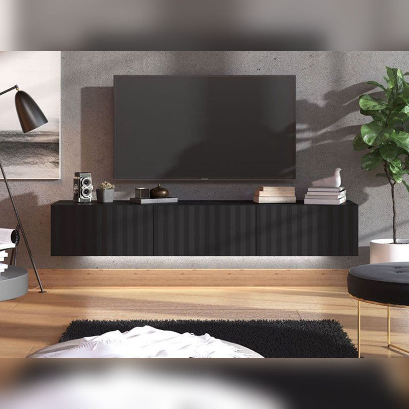 Oasis Tv Stand Cabinet Wall Mounted Floating Entertainment Unit Modern With Slat Effect Wide, Black, 192cm x 42cm