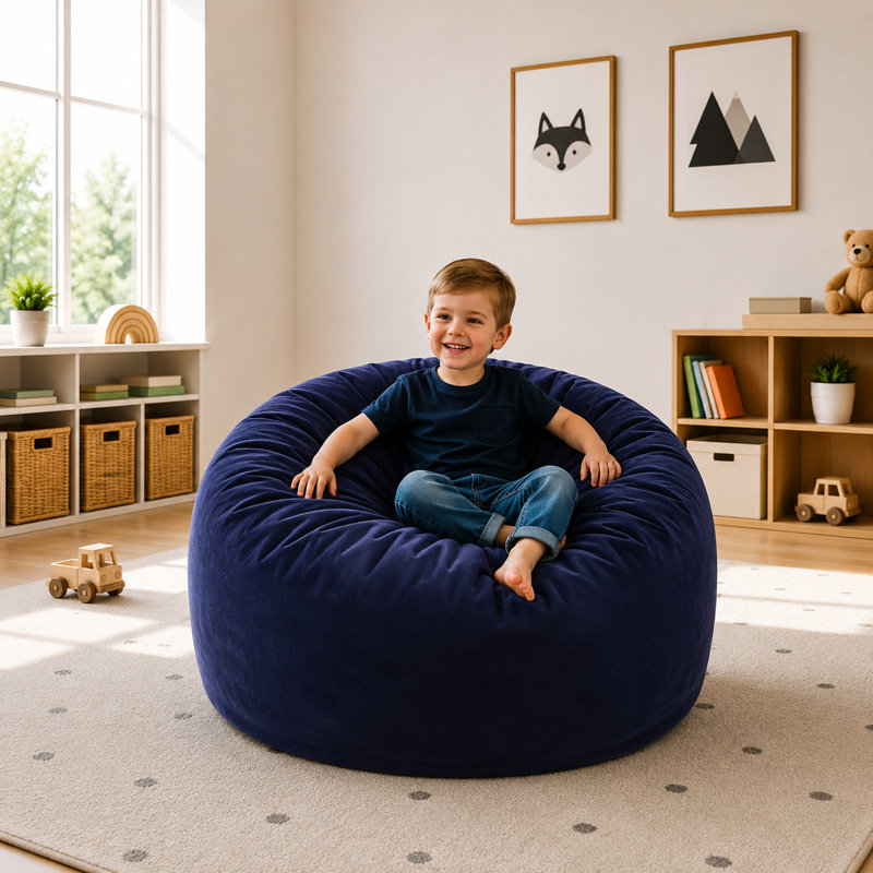  | Fauteuil à billes 3 pi | Rembourrage en mousse - Housse lavable amovible, suède bleu marine, H 18 po x l 18 po x P 18 po