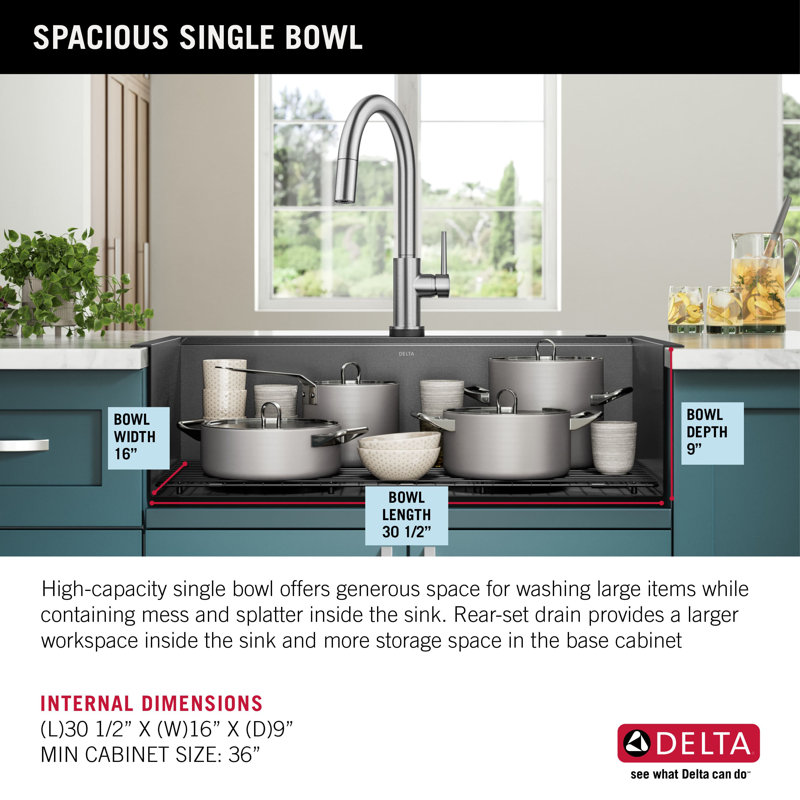 Delta Rivet™ Black Stainless Steel Drop-In Top Mount 16 Gauge Workstation Kitchen Sink Single Bowl, 33" L x 22" W