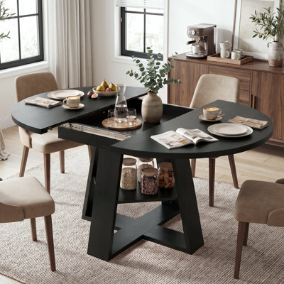 43.3"-59" Extendable Round Dining Table for 4-8, Oval Modern Farmhouse Wooden Kitchen Table with Storage Shelf