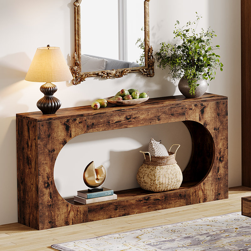 63-Inch Rustic Brown Wood Console Table with Storage Shelf