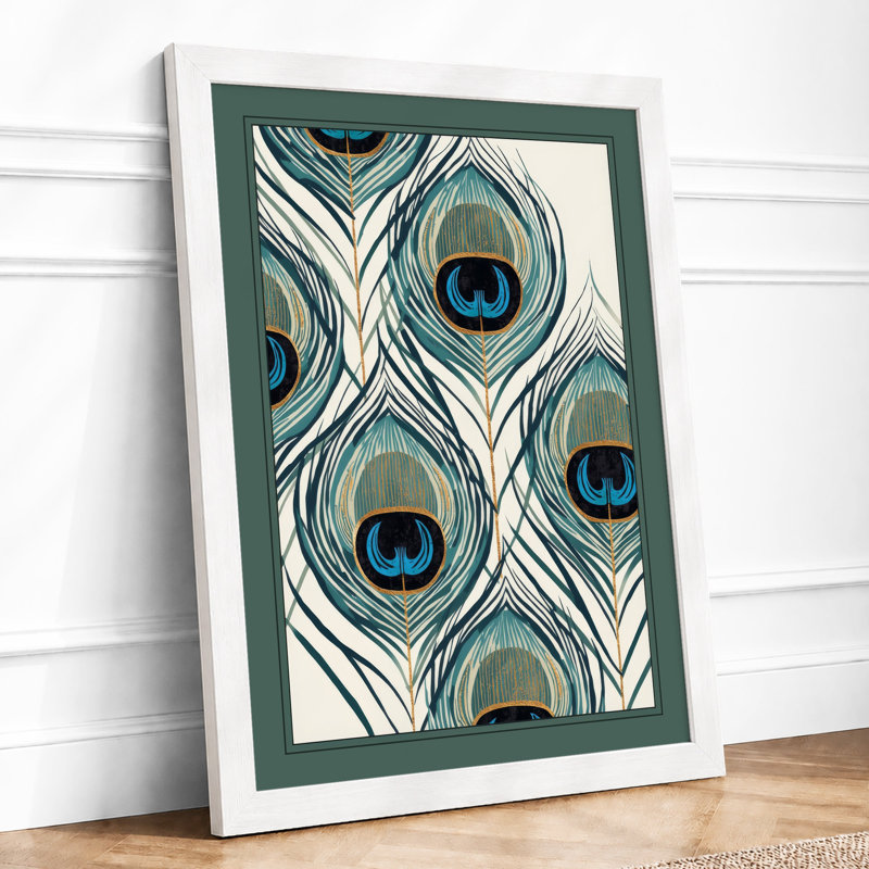 Peacock Feathers Geometric - Framed Print, A2 - 59.4 x 42.0 cm, White