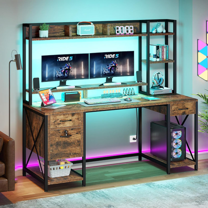 Computer Desk with Drawers & Power Outlets,59"Home Office Desk with HutchGaming Desk with LED Lights