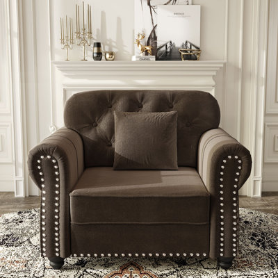 Canapé Chesterfield de 41,3 po en velours avec garniture cloutée et accoudoirs roulés, canapé de style Mid-Century moderne capitonné, comprenant 1 oreiller