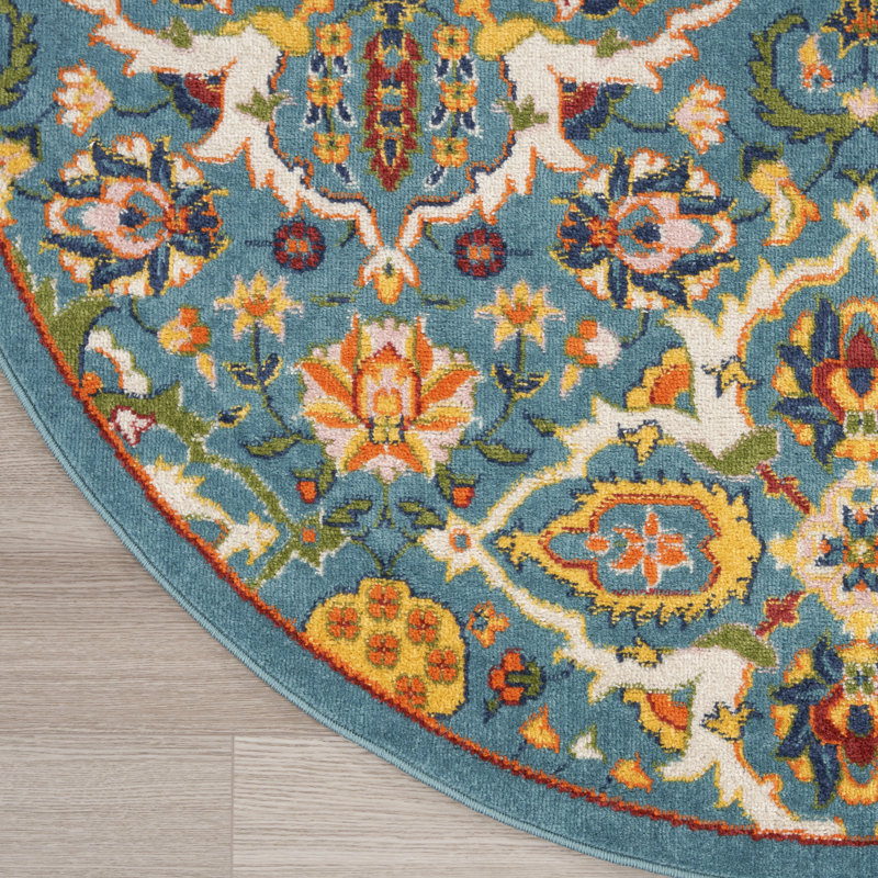 Tapis turquoise / ivoire / jaune Welaka, Rond 5 pi 3 po