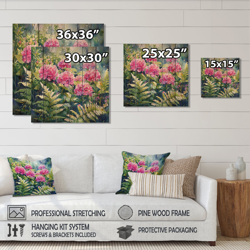 Hortensias tropicaux dans la forêt de fougères II - Art mural en bois d'hortensias - sur bois de pin naturel
