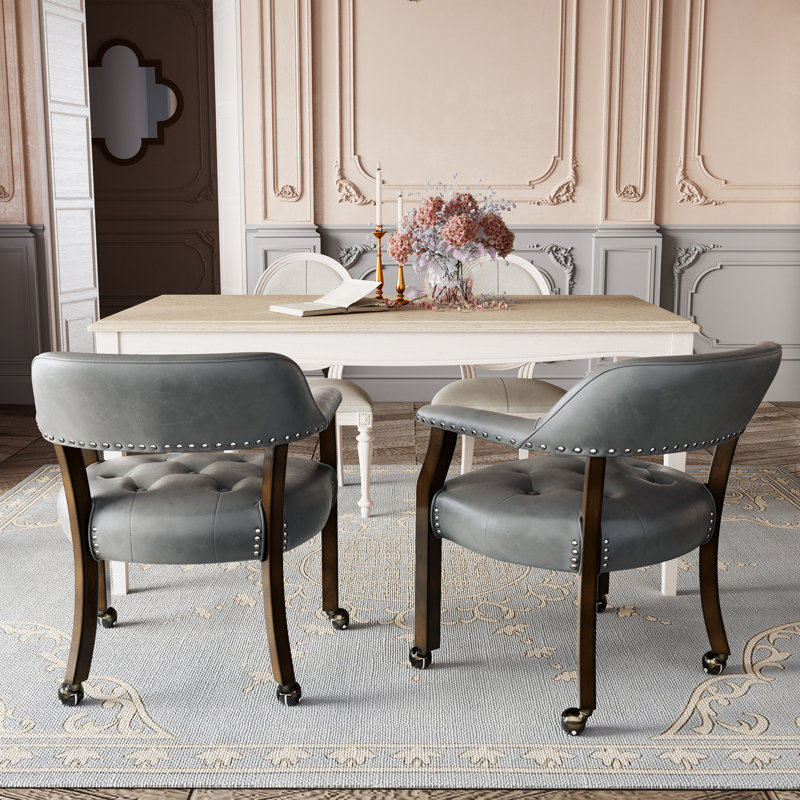  Wexford Collection Set of 2 Mid-Century Modern Upholstered Dining Chairs, Faux Leather Wood Accent Chairs with Arms and Casters for Dining Room, Kitchen or Office